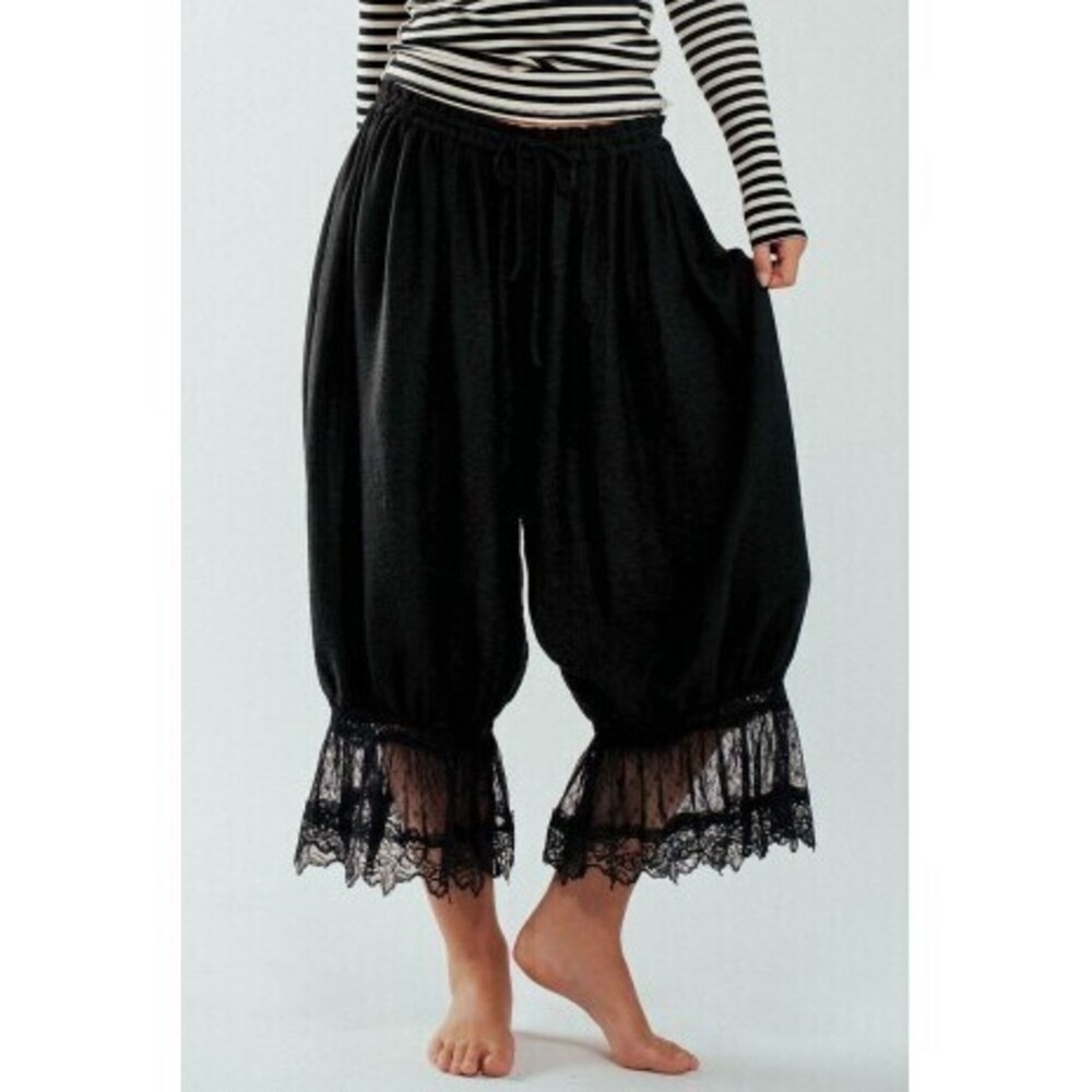 UDTP0074 BLACK Urban Daizy Boho Lace Trim Summer Linen Pants Various Sizes